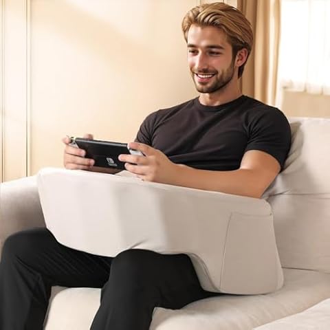 Reading Pillow for Gaming, Enlarge Arm Rest Pillow with Laptop Stand&Pocket for Adult, 100% Memory Foam Bed Rest Pillow for Gaming, Reading, Working, Laptop Desk Pillow for Couch Bed Floor, Grey Cover