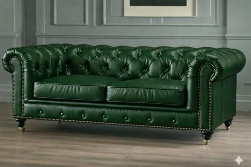 Image of UMAR ARTS Luxury Chesterfield Leatherate Sofa Set, Tufted Genuine Leatherate, Classic Living Room Furniture (Green 3+2+1)