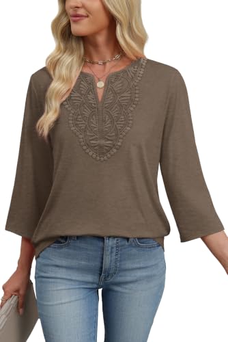 Image of WIHOLL 3 /4 Length Sleeve Womens Tops Boho V Neck Lace Shirt Trendy Blouses Dressy Casual Vacation Clothes S-3XL