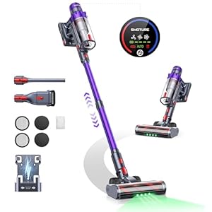 SMOTURE Cordless Vacuum Cleaner, 550W 45KPA Stick Vacuum with Touch Screen, Up to 60 Mins Runtime, Self-Standing Vacuum with Auto Mode, Lightweight Vacuums for Hardwood Floor Carpet Car Pet Hair