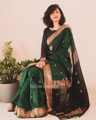 Image of ZECVA Women's Pure Soft Spun Cotton Lichi Silk Saree For Women With Attach Unstitch Blouse Piece