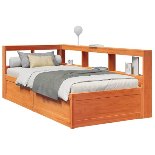 Vetnasa Cama con estantería sin colchón Madera Maciza marrón 75x190 cm Mobiliario, Camas y Accesorios, Camas y somieres Marrón 44,42 KG