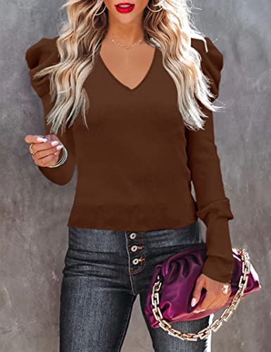Amarmia Women's Puff Long Sleeve Knit Pullover Sweaters Casual V Neck Ribbed Solid Soft Slim Fit Sweater Blouse Tops2