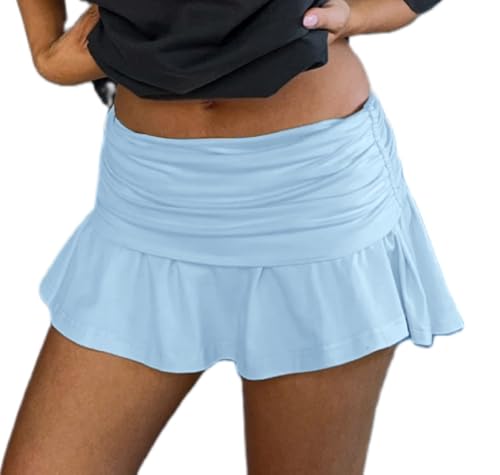 Women Fold Over Low Waist Mini Skirt Ruched A Line Skirt Flared Ruffle Hem Micro Skirt Coquette Going Out Skirts