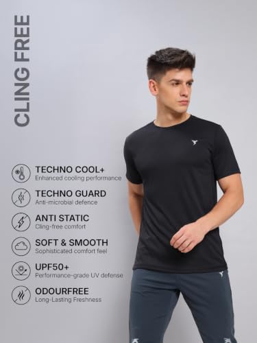 Image of TECHNOSPORT Men's Slim Fit Polyester Activewear Sports T-Shirt with Moisture-Wicking Comfort for Workout, Running & Gym