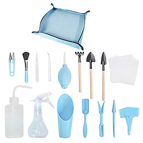 Ymeibe 17 Pieces Succulent Plant Tools, Mini Hand Garden Tools with Transplanting Tarp Hand Tools Set for Indoor Miniature Fairy Garden Plant Care (Blue)