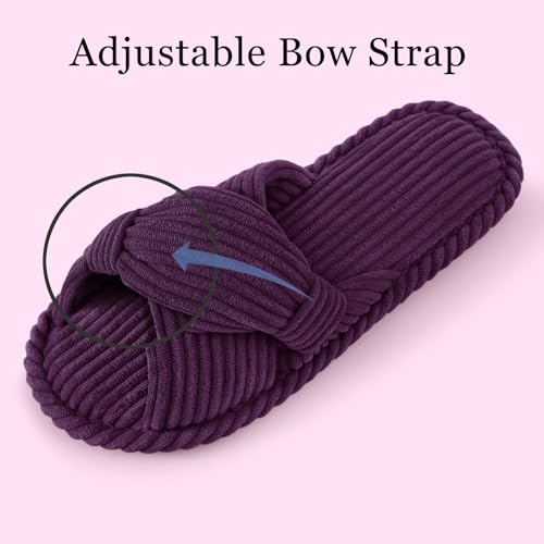 Image of Evshine Summer House Slippers for Women Corduroy Cross Bow Indoor Slippers Open Toe Slip On Bedroom Shoes with Memory Foam
