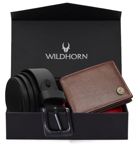 Image of WildHorn Gift Hamper for Men I RFID Protected Leather Wallet & Belt Combo Gift Set I Gift for Friend, Boyfriend,Husband,Father, Son Etc (Black & Walnut)