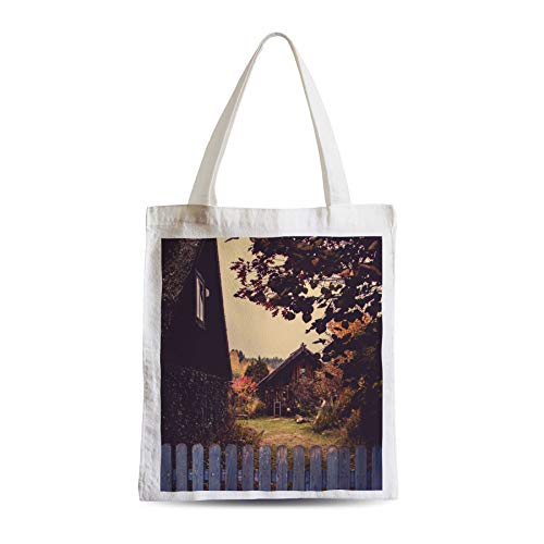 Fabulous Large Canvas Tote Shopping Bag Wooden House In A Garden Behind Wooden Palisade