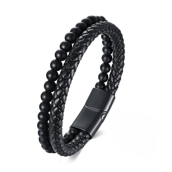 THE MEN THING EBONY DUO - European Style Genuine Leather Bracelet with Multi-Layer Braided, 100% Stainless Steel Magnetic Buckle for Men & Boys (7 inch) (B0BM6DFGZ7) Amazon Price History, Amazon Price Tracker