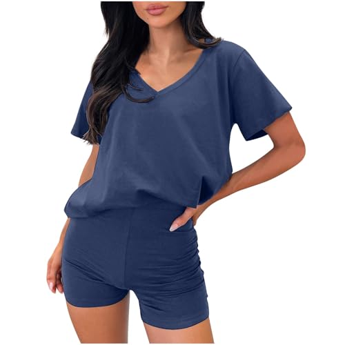 2 Piece Lounge Set for Women Loose Casual V Neck Short Sleeve T Shirt Top and Biker Shorts Tracksuits Outfits Loungewear