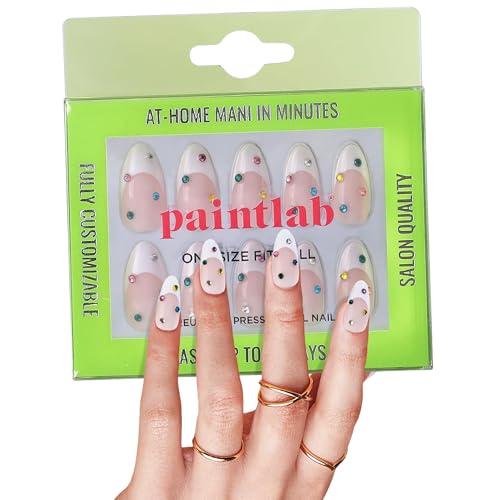 PaintLab Press-On Nails Manicure Kit, Bejeweled, 30-Piece Set, Long-Lasting Fake Nails with Glue, File, Prep Pad & Cuticle Stick