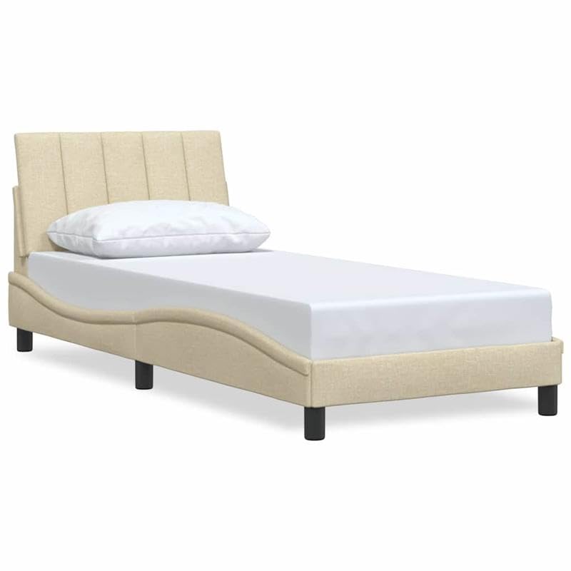 Eleganz Hanko Estructura de cama sin colchón, 90 x 190 cm, en color crema, moderna cama de tela de 100% poliéster con marco de metal y material de madera, estable y duradera para un sueño reparador
