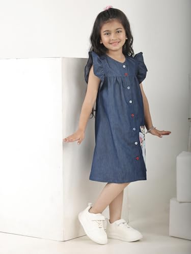 Image of superminis Girls Denim Solid Color Half Sleeves Dress with Embroidered Pocket (1 Dress)
