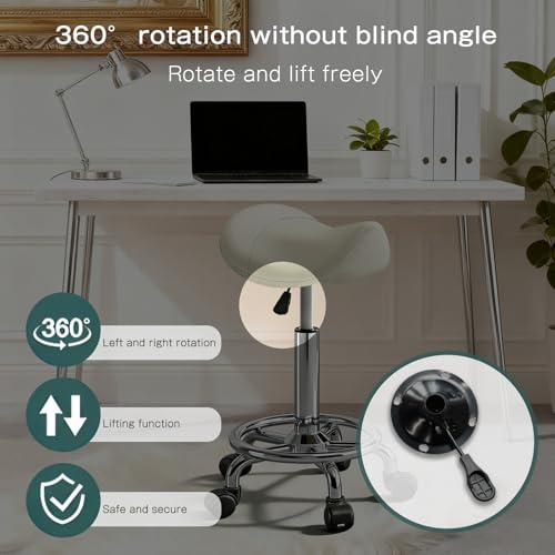 Image of Saddle Stool Adjustable Height Ergonomic Swivel Chair | PU Leather Saddle Seat without Back and Ring Pedal for Salon, Spa, Medical, Massage & Drafting Use White