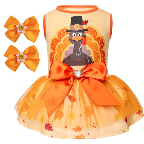 cyeollo Thanksgiving Day Dog Dress Turkey Small Puppy Clothes Tulle Dog Dresses Pet Costumes Holiday Doggie Outfit Girl Size M