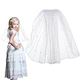 Mobestech Veil Pearl Bride Wedding Veil with Comb Short Bridal s Soft Tulle Flower Girl Lace First Communion for Girls Women Children Photograhy (White) Cathedral Wedding