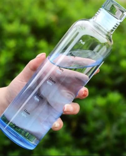 17 Ounce Sport Blue Glass Bottle, Borosilicate Glass Bottle with Hourly Time Marker, Leak Proof, Reusable, BPA Free, Motivational Water Bottle Wide Mouth.