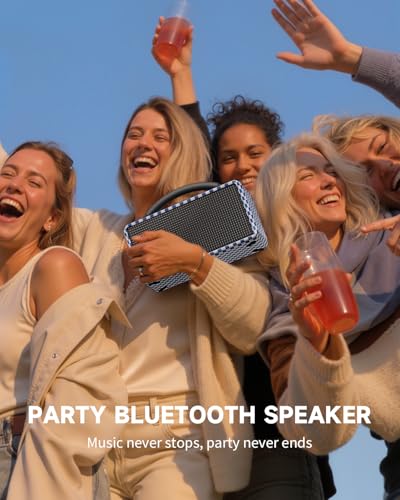 Image of DINDIN Portable Bluetooth Speaker: 80W (Peak), 20H Playtime, Loud Wireless Wood Speakers with Bass, AUX and USB Input, Subwoofer, TWS Pairing, Vintage Speaker for Outdoor, Home, Office (Blue+White)