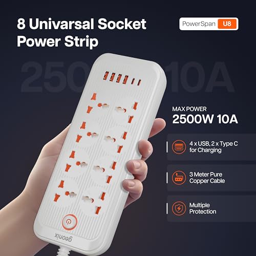 Image of Geonix PowerSpan U8 | Power Strip | Power Extension with 8 Universal Sockets, 2500W Max, 4 USB Ports, 2 C-Type Port, 10 Amps, 3 Mtr Copper Cable, Overload Surge Protection, 250 Volts (White)