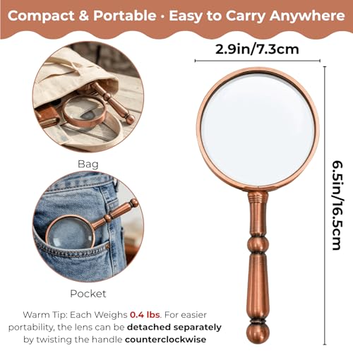 YOUEON 2 Pcs 6X Antique Magnifying Glass for Reading, Handheld Magnifier with Metal Handle, Portable Magnifying Lens for Books and Newspaper, Science Class, Observation - Thumbnail 2