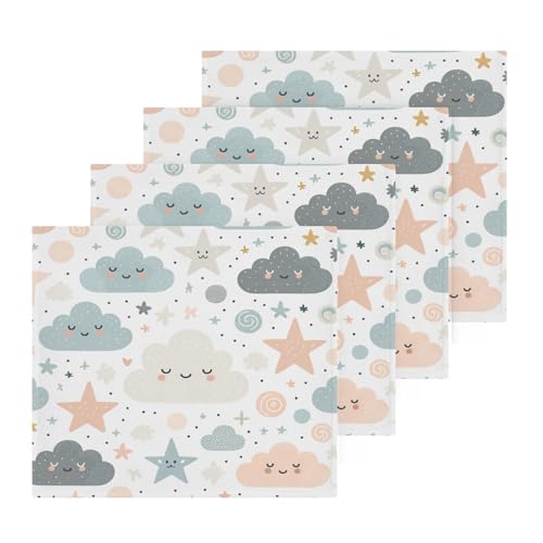 YANENDIE Cute Clouds Stars (2) Washcloths Towels, Highly Absorbent and Soft Cotton Face Cloths, 4 Pack Quick Dry Wash Cloths - 12 X 12 Inches