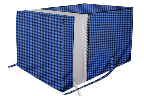 Image of The Furnishing Tree Elastic fit waterproof Polyester window ac cover suitable for Croma 1.5 Ton, Dustproof cover for inner and outer section, In CM: (62.23x66.04x43.18), Checkered Pattern Blue