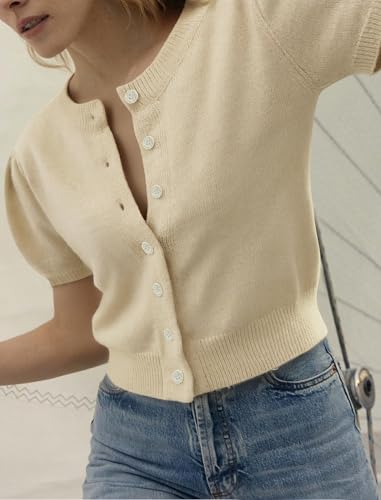 Image of Womens Puff Short Sleeve Cardigan Sweaters Cropped Button up Lightweight Y2k Knit Summer Cardigans