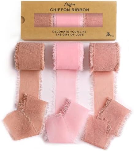 Chiffon Ribbon Fringe Fabric Ribbons 3 Rolls 1.5" Wide x 7 Yd Dusty Rose Ribbons Set for Wedding Decor, Gift Wrapping, Bridal Bouquets, Handmade Crafts