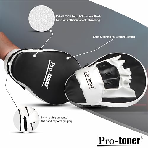 Image of Pro-Toner Boxing Focus Pads, Curved Maya Hide Leather, Hook and Jab Target Hand Pads, Black and White (Black)