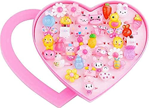 36 Adjustable Cartoon Rings Set, Pink Heart Shape Jewelry Kit