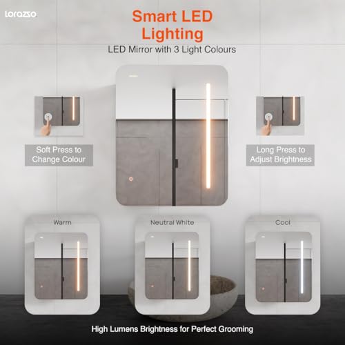 Image of Lorazzo Smart LED Mirror Cabinet - 24x18 in | 3 Colour LED Bathroom Mirror (Warm, Cool & White) | Anti-Fog Mirror with Defogger | Matte Black Mirror Cabinet with Storage | 5-Year Warranty
