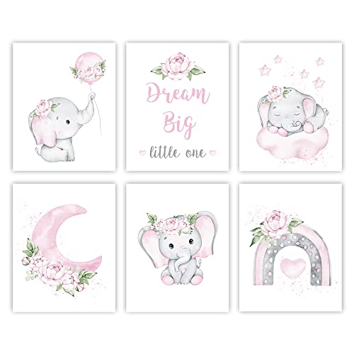 Image of Canssape Pink Elephant Nursery Wall Decor Set of 6 Baby Girl Room Decor Elephant Wall Art Goodnight On Moon |Dream Big Little One Decoration for Kids Nursery Girls Room|(8"x10")(Unframed)
