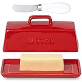 Diikoo Ceramic Butter Dish with Lid and Knife, Butter Container,Vintage Polished Porcelain Butter Keeper with No-Slip Handle Covers Design For Counter Makes Spreading Effortless(Red)