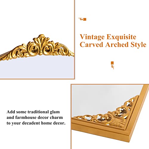 Neutype Arched Wall Mirror Vintage Carved Mirror Metal Frame Wall-Mounted Mirror For Home Decor Bathroom Entryways Living Rooms Dressing Mirror, Gold, 38"X 26" #TOP5
