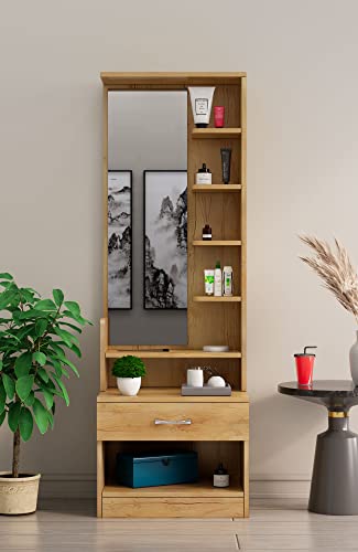 Image of Bniture Wooden Dressing Table for Bedroom with 1 Drawer, Mirror and Huge Storage Space | Long Dresser Vanity Table with Mirror (42D x 60W x 180H CM) | 1 Year Warranty (Giant Wood, HXDR102)