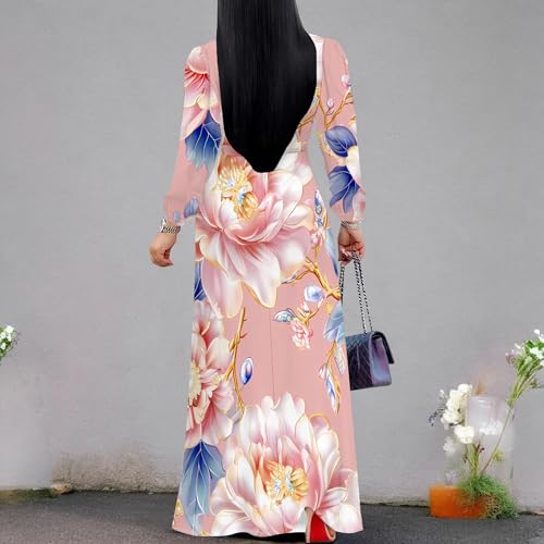 Image of Women Maxi Dresses Church Dress Floral Bohemian Long Sleeve Formal Wrap Boho Wedding Guest Pink Spring Clothes 2026