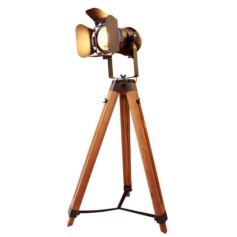 BARCELONA LED Lampe sur pied trépied noire et bois réglable, hauteur ajustable, lumière orientable, style moderne et vintage industriel, idéale pour salon, chambre, bureau, escalier, restaurant