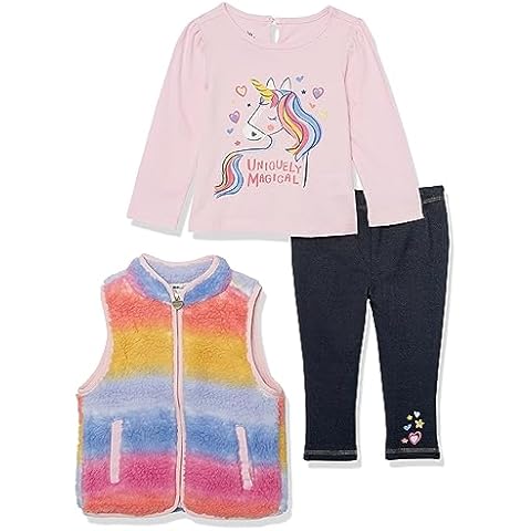 Kids Headquarters Baby Girls 3-Piece Silky Sherpa Vest Set, Includes Long Sleeve Top & Pants, Ultra-Soft, Sherpa/Pink Lady/Denim Cover