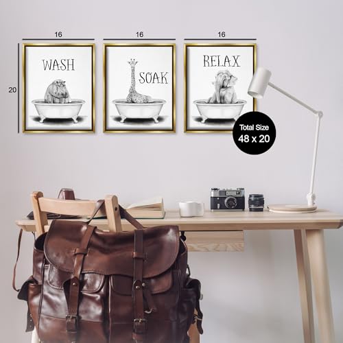 Image of Jungle Animals Bathroom Signage, 16 x 20 Inch Canvas in Floater Frame Set | Stupell Industries . By Rachel Nieman . Ready to hang . Great for bath and laundry . Made in USA