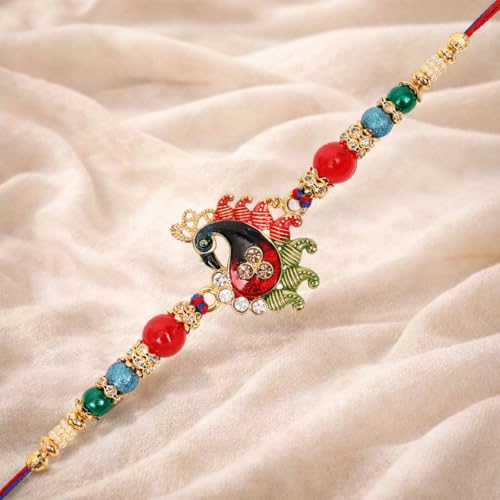 Image of Riddhika Ventures Glorious Gold Plated Meenakari Peacock Rakhi with Roli Chawal and Greeting Card