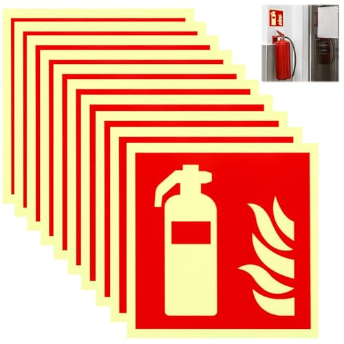 10 Stück Nachleuchtend Feuerlöscher Schild 15 x 15cm Selbstklebende Brandschutzschild Feuerlöscher Aufkleber, Sicherheitskennzeichnung für Notfall im Dunkeln