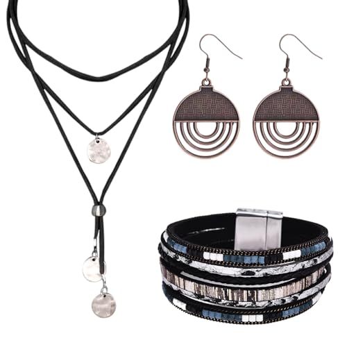 JDRGJTH 3PCS Western Jewelry for Women Bohemian Set,Boho Vintage Layered Necklace Dangle Drop Earrings Faux Leather Bracelet,Jewelry Sets for Women Gift