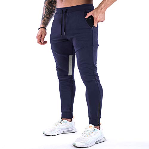 Image of MakingDa Tracksuit Bottoms Men Slim Fit Tapered Joggers Gym Pants Skinny Sweatpants Running Training Sports Trousers with Ankle Zippers-1-Dark Blue-L