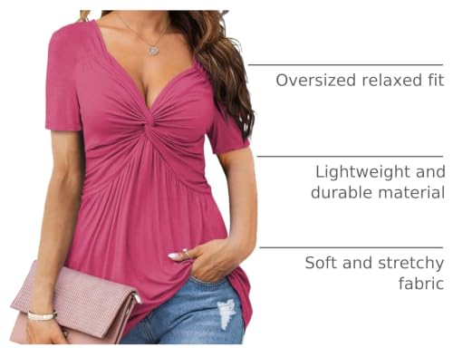 Image of Tankaneo Womens Front Knotted V-Neck Blouse T Shirt Short Sleeve Oversized Tunic Tops Summer Solid Pullover Tees