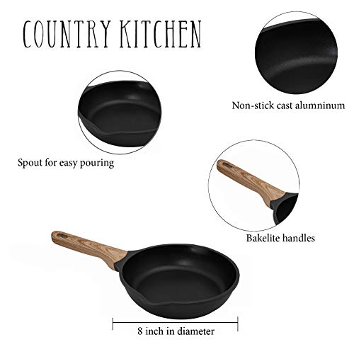 Country Kitchen Cookware Cast Aluminum Frying Pan, 8 Inches, Non Stick Skillet For Gas, Electric, Induction Cooktop (Matte Black) 2 Gallery Image Country Kitchen Cookware Cast Aluminum Frying Pan, 8 Inches, Non Stick Skillet For Gas, Electric, Induction Cooktop (Matte Black) 2 Gallery Image