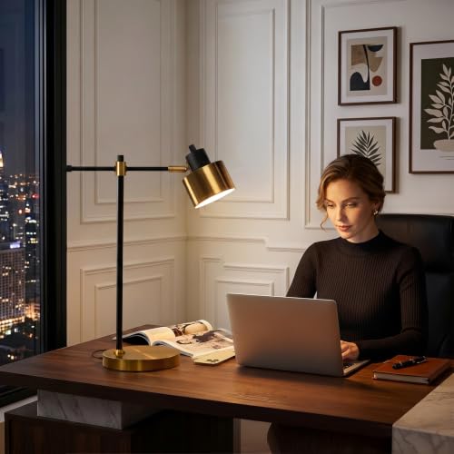 Image of OYEARS 22.2 inch Modern Desk Lamp, Metal Table Lamp with LED Bulb, Adjustable Reading Lamps for Living Room, Mid Century Task Lamp for Home Office, Industrial Bedside Lamps with Solid Base,Black and Gold