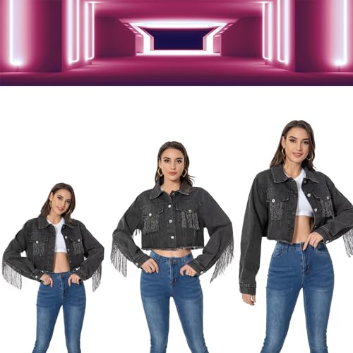 Fringe Denim Jean Jacket Cropped Rhinestone Denim Jacket Distressed Long Sleeve Tassel Jean Coat for Women4