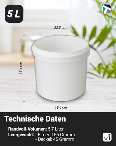 Trevendo 5 Liter Eimer mit Deckel und Kunststoffgriff, lebensmittelecht - luftdicht - stabil - stapelbar - Leereimer zur sicheren Lagerung inkl. Trevendo Beschriftungsetikett