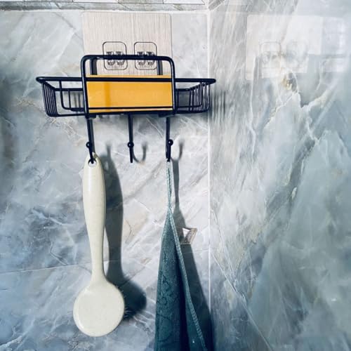 Image of Wall Mounted Soap Dish with Hooks, Self Adhesive Soap Holder for Bathroom & Kitchen, Rustproof Metal Soap Rack with Drain Design, No Drill Soap Tray Organizer for Shower, Black
